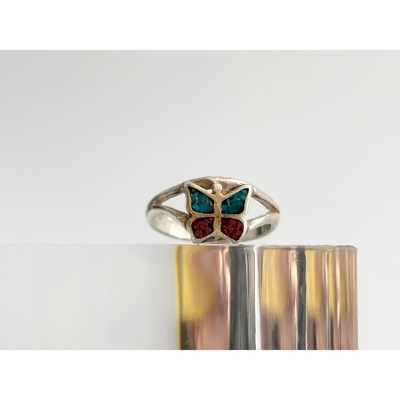 Crushed Turquoise & Coral Butterffly 925 Vintage Mexican Inspired Ring - sz 4.25 - Picture 9 of 9